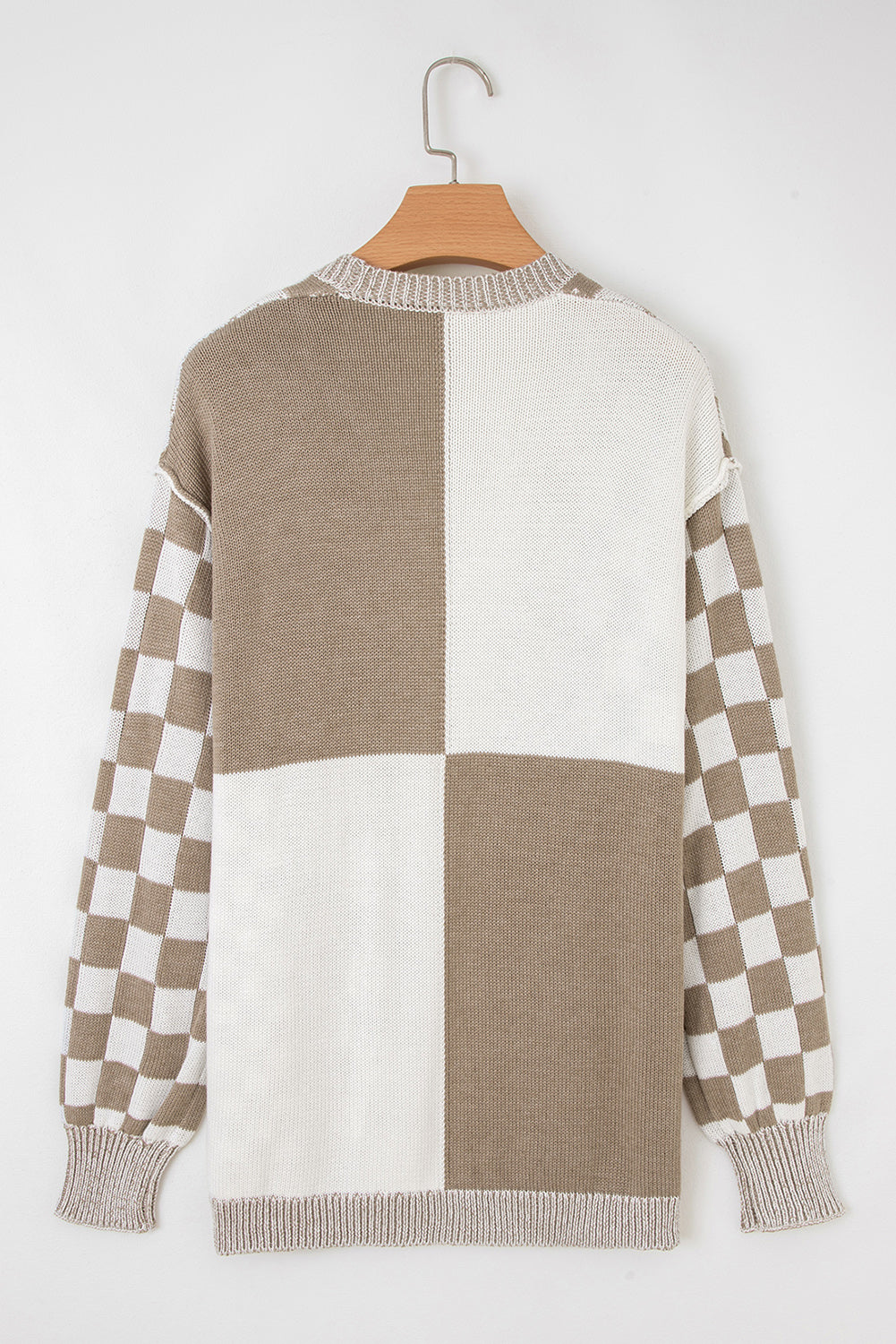 Open-Front Drop-Shoulder Checkered Drop-Shoulder Cardigan in Brown