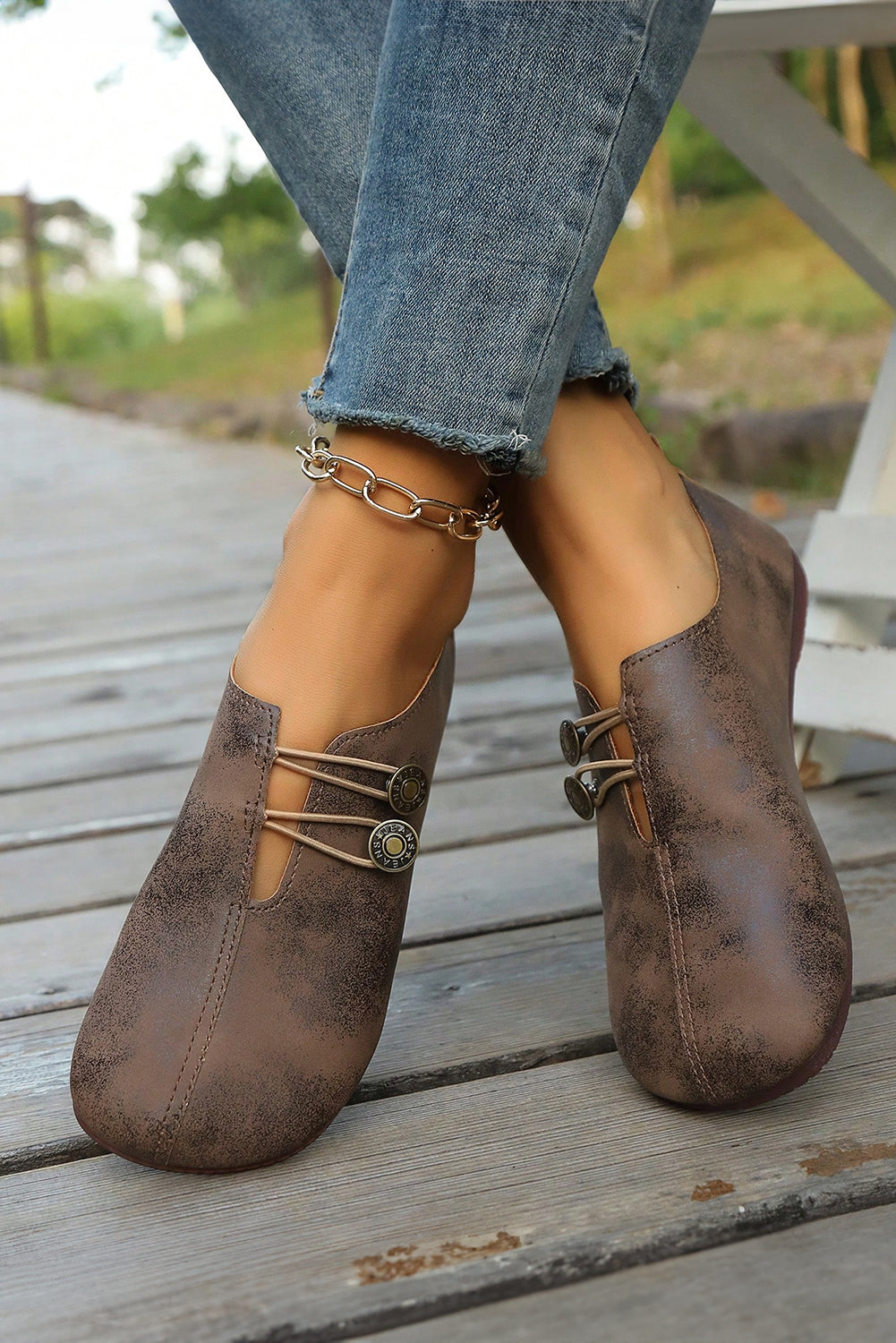 JEANS Boho Button Detail Retro Faux Leather Loafer Shoes