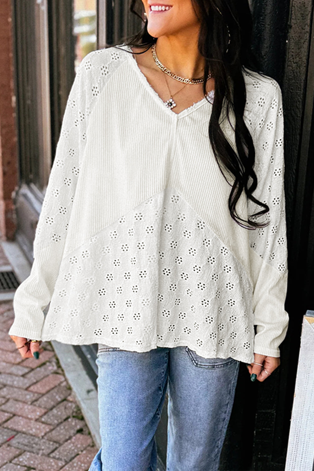 Twisted Embroidered Rib Patchwork Loose V-Neck Long-Sleeved Top