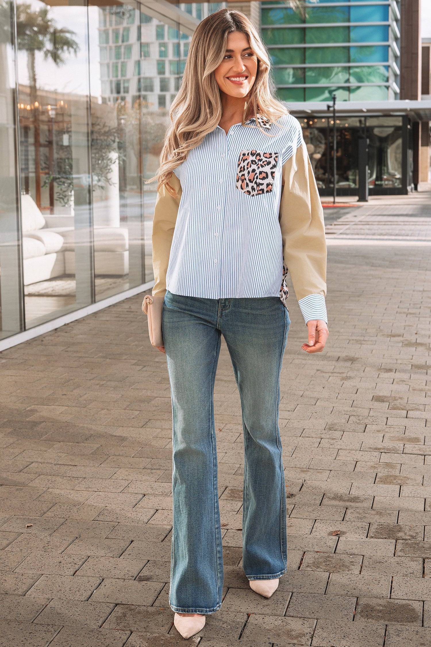 Patchwork Colorblock Leopard Chest Pocket Cuffed Sleeve Shirt
