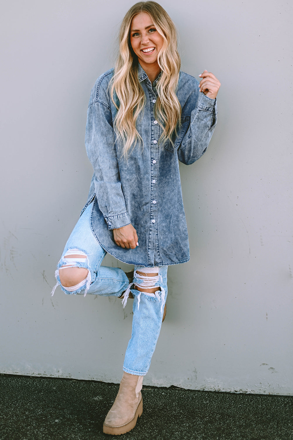 Women's Shirt Featuring Chest Denim Vintage Washed
