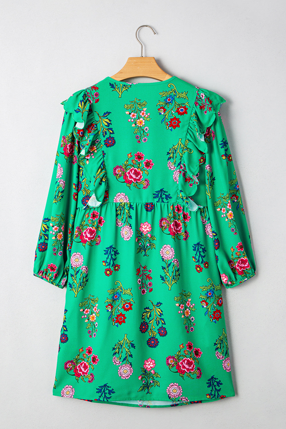 Floral Ruffled Three Quarter Sleeve Button-Front Mini Dress