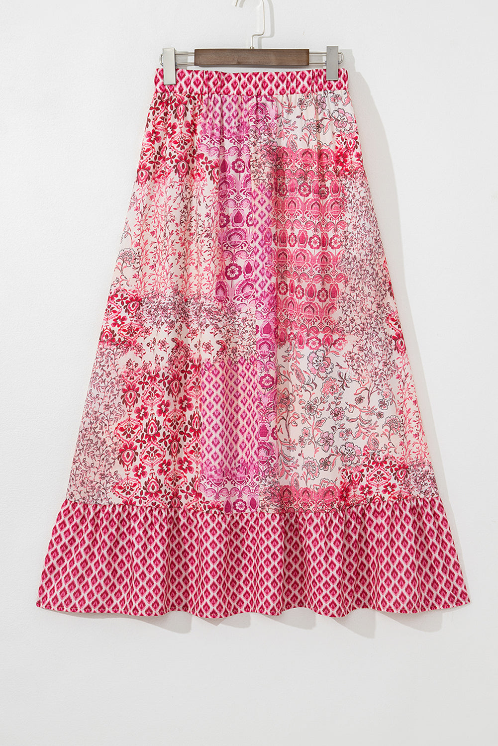 Boho Tassel Pattern Print Drawcord Elastic Waistband Maxi Skirt in Red
