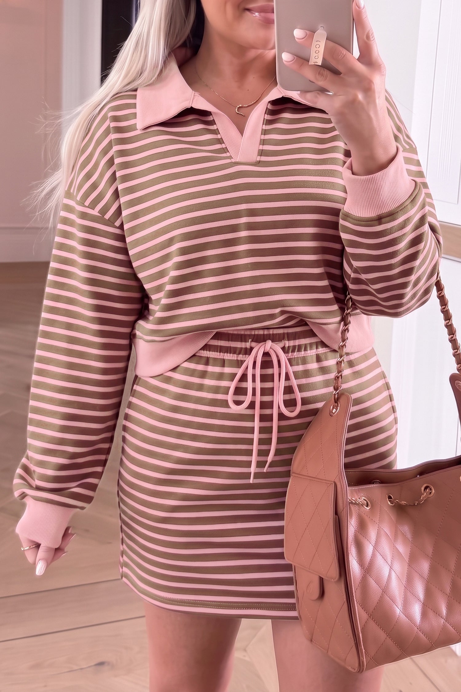 Waist Striped Drawcord Long-Sleeved Top Mini Skort Set in Brown