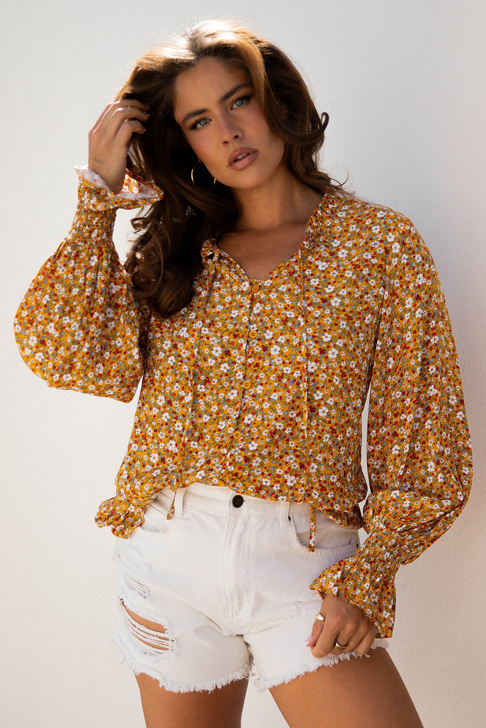 Ruffled Boho Floral Bubble Sleeve V-Neck Fall Blouse