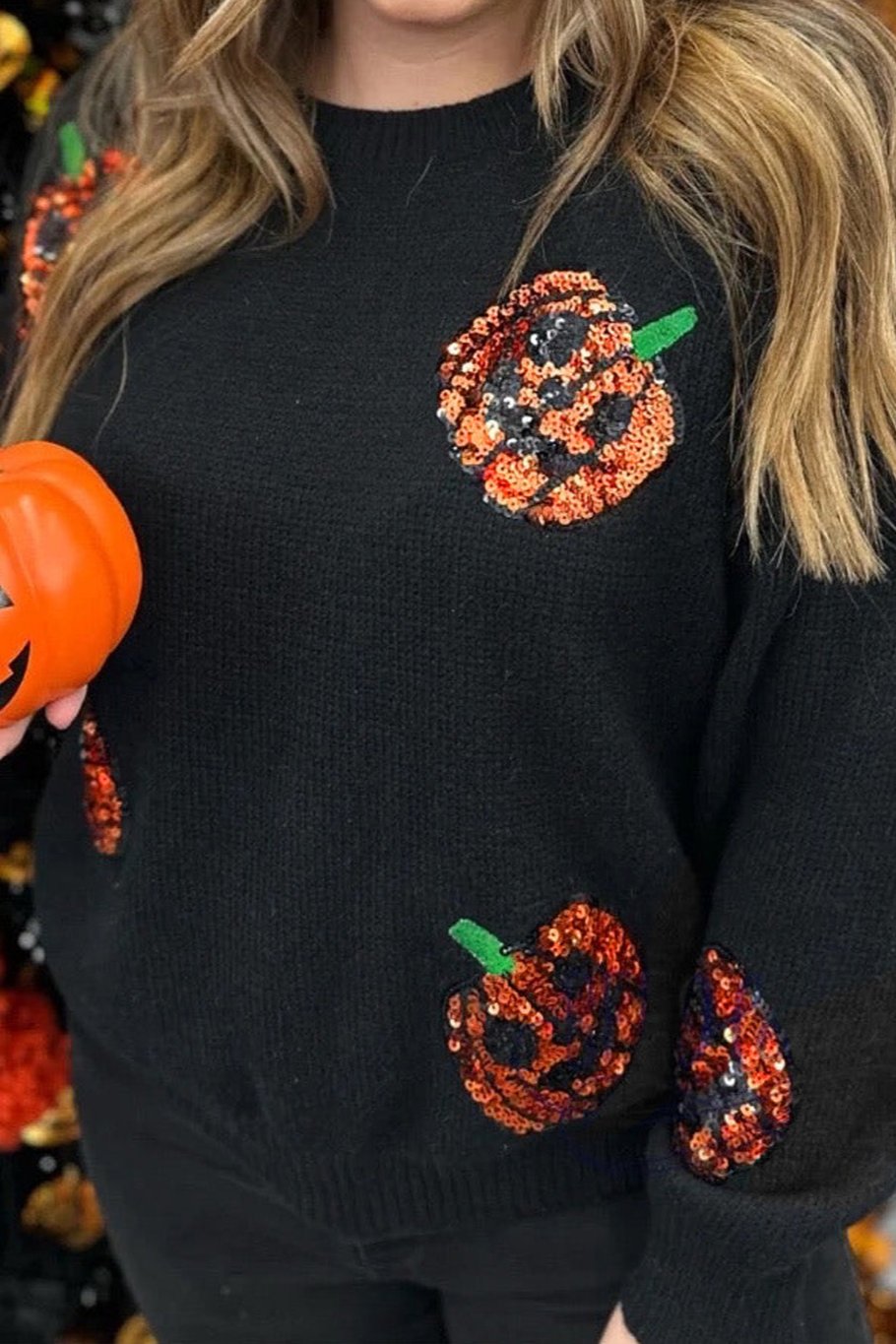 Pull d'Halloween à Motif de Citrouille à Paillettes de Grande Taille