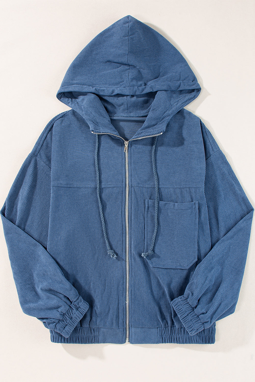 Hooded Corduroy Drawcord Pocket Zip-Front Jacket in Real Teal