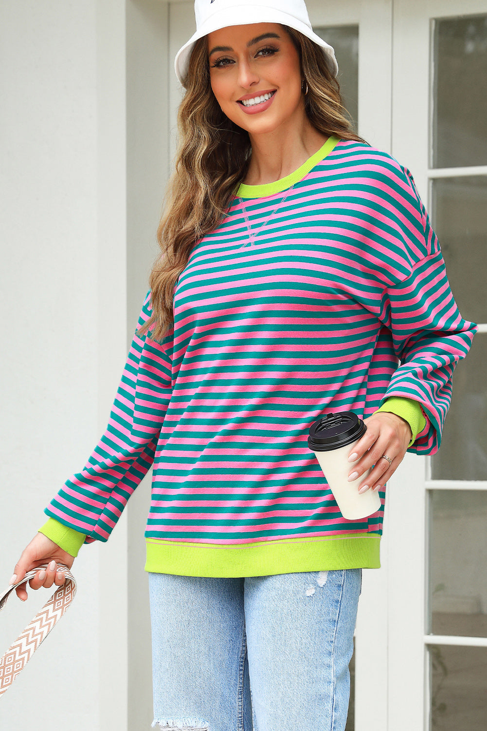Rib-Knit Trim Contrast Trim Crossed Stitch Drop-Shoulder Sweatshirt