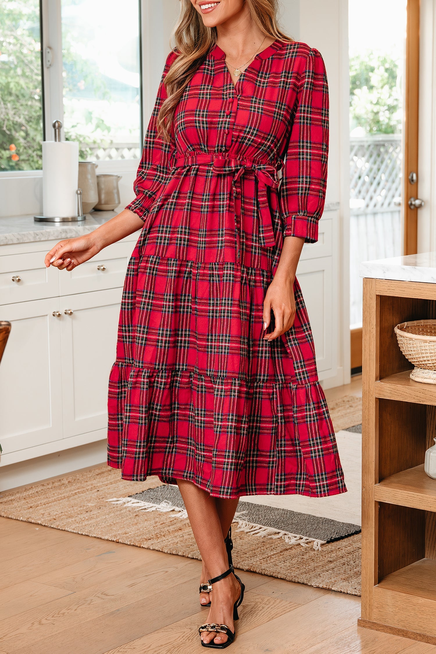 Christmas Plaid V-Neck 3/4 Sleeve Tie Waist Ruffle Hem Long Dress