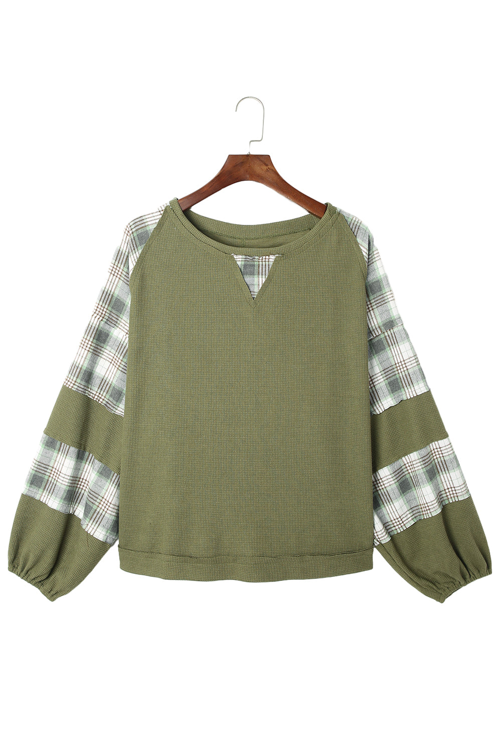 Women's Top with Bubble Sleeve Plaid Knitted