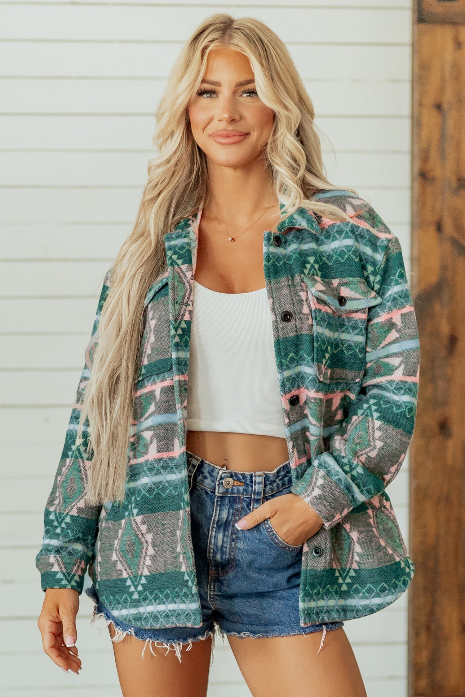 Geometric Print Button Front Long-Sleeved Shacket in Green