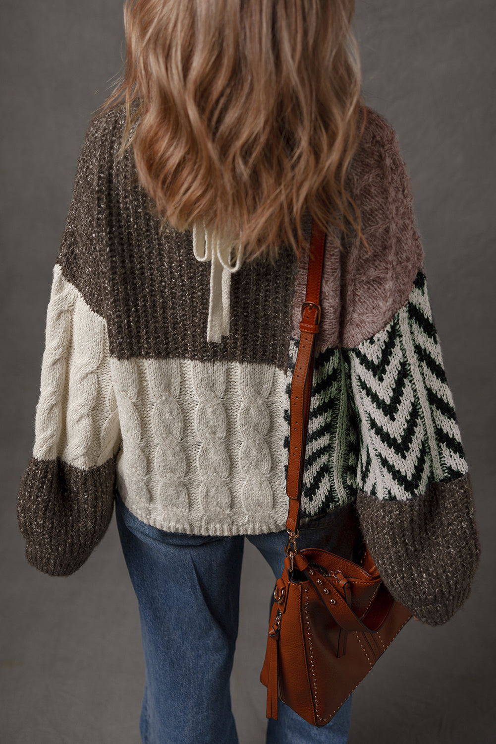 Knotted Colorblock Patchwork Back Easy-Fit Fit Knit Top in Brown