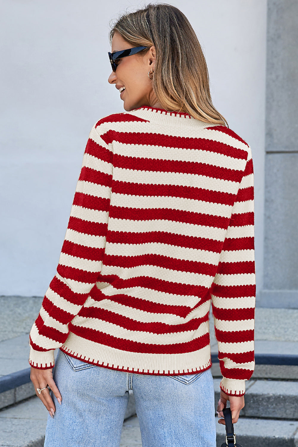 Stripe Button Polished Golden Cardigan Knit Top in Red