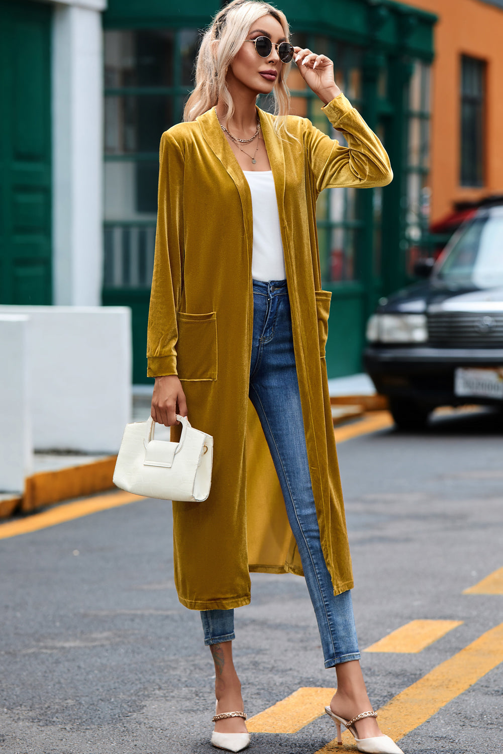 Velvet Long Open-Front Pocket-Detail Duster in Yellow