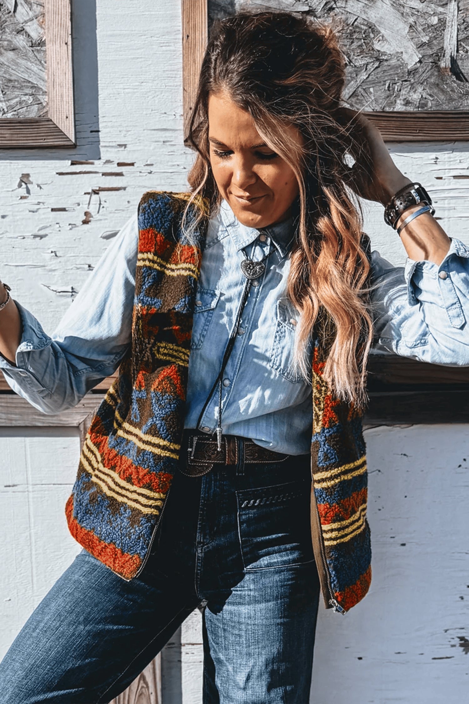 Western Fur Print Faux Metal Zip Insert Pockets Vest in Multicolour