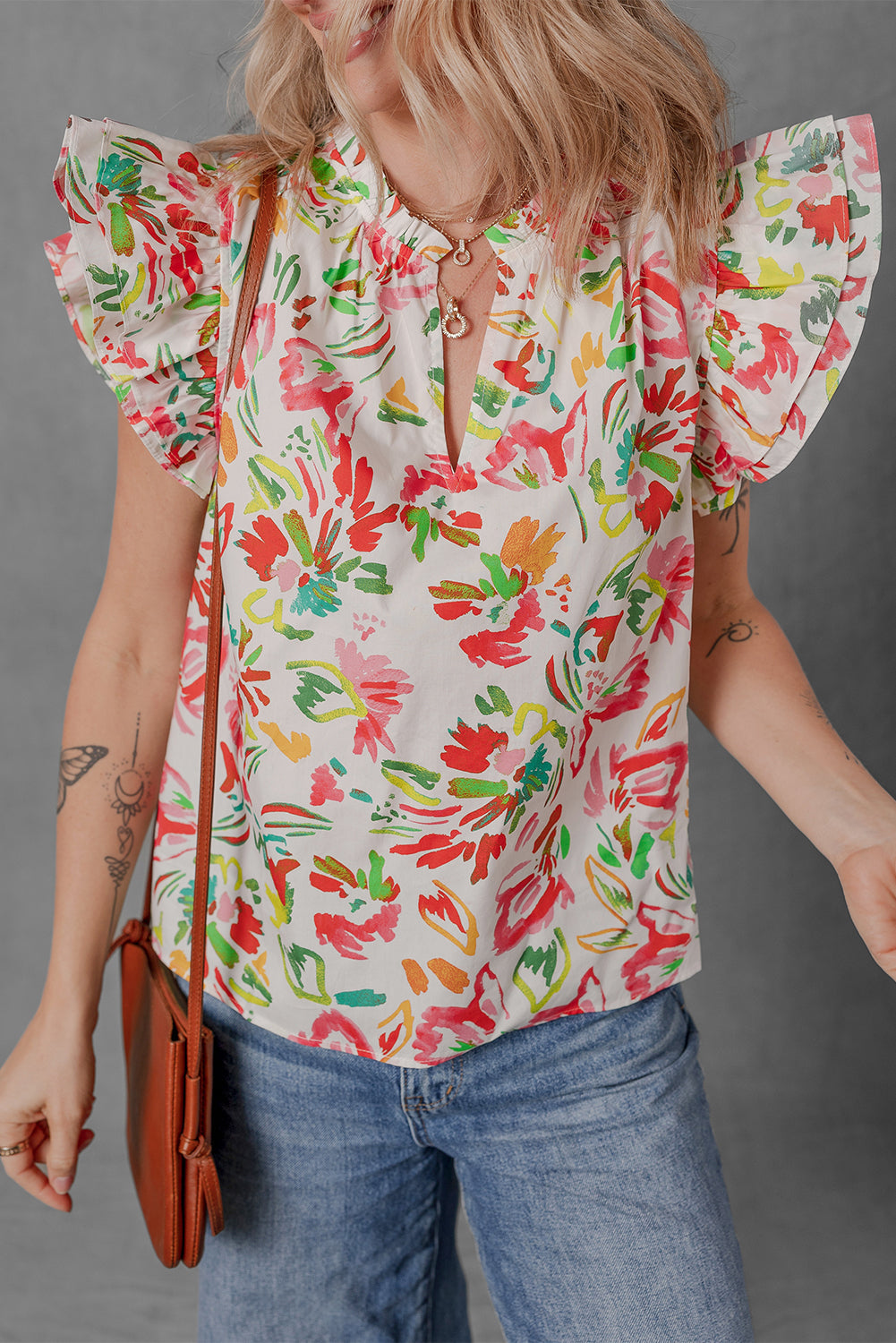 Allover Flutter Floral Printed Sleeve Split Neck Blouse
