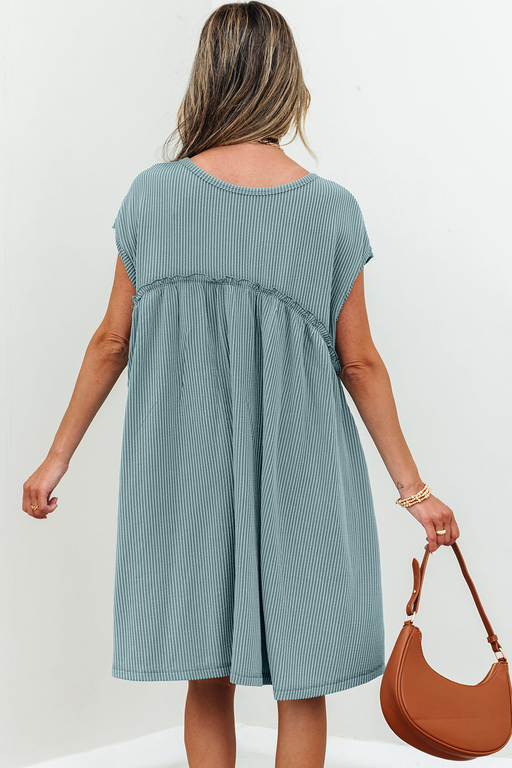 Knit Textured Corded Textured Patched Pocket Frilled Swing Mini Dress Featuring Pockets