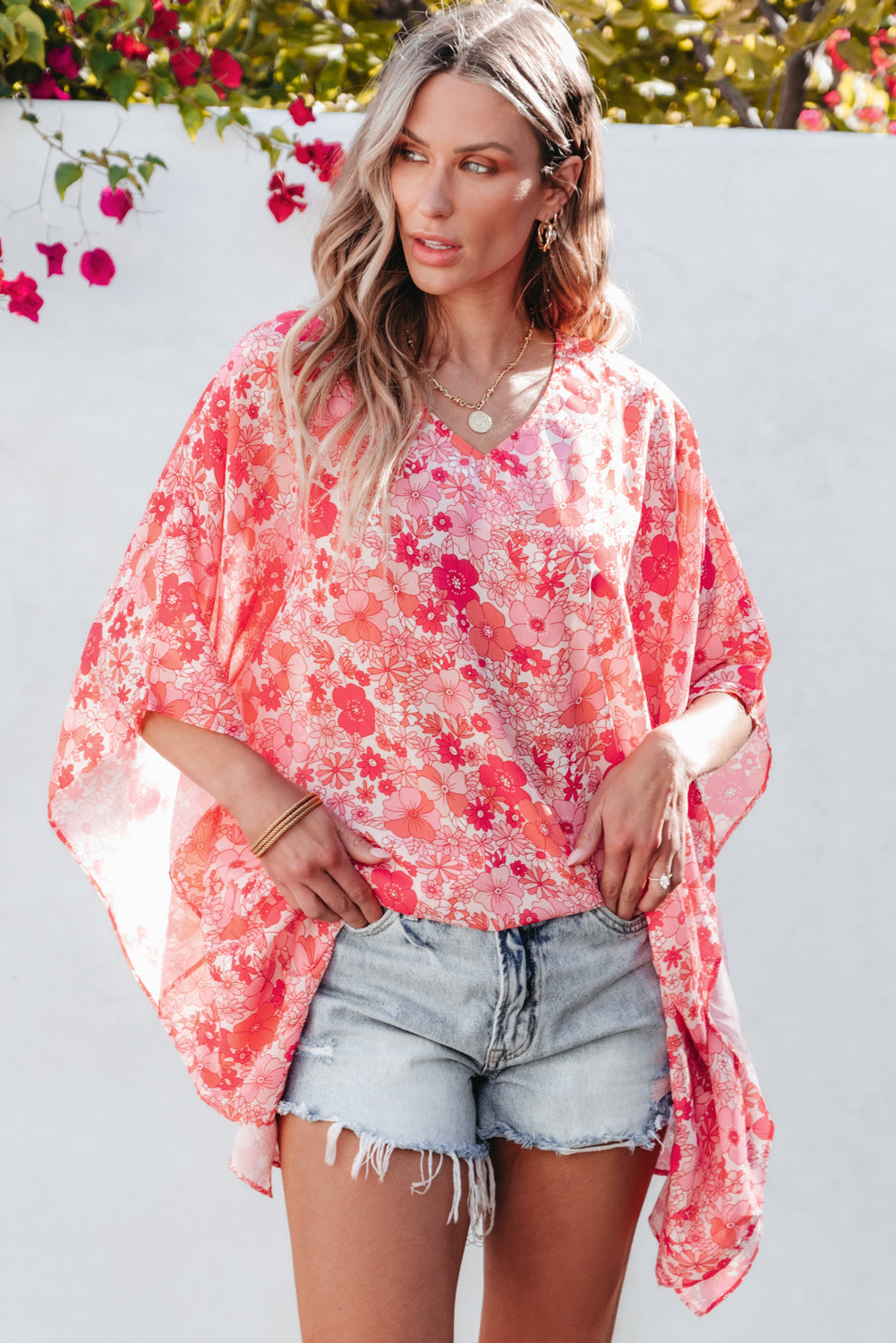 Blouse for Women V Neck Kimono Style Bohemian Floral-Print