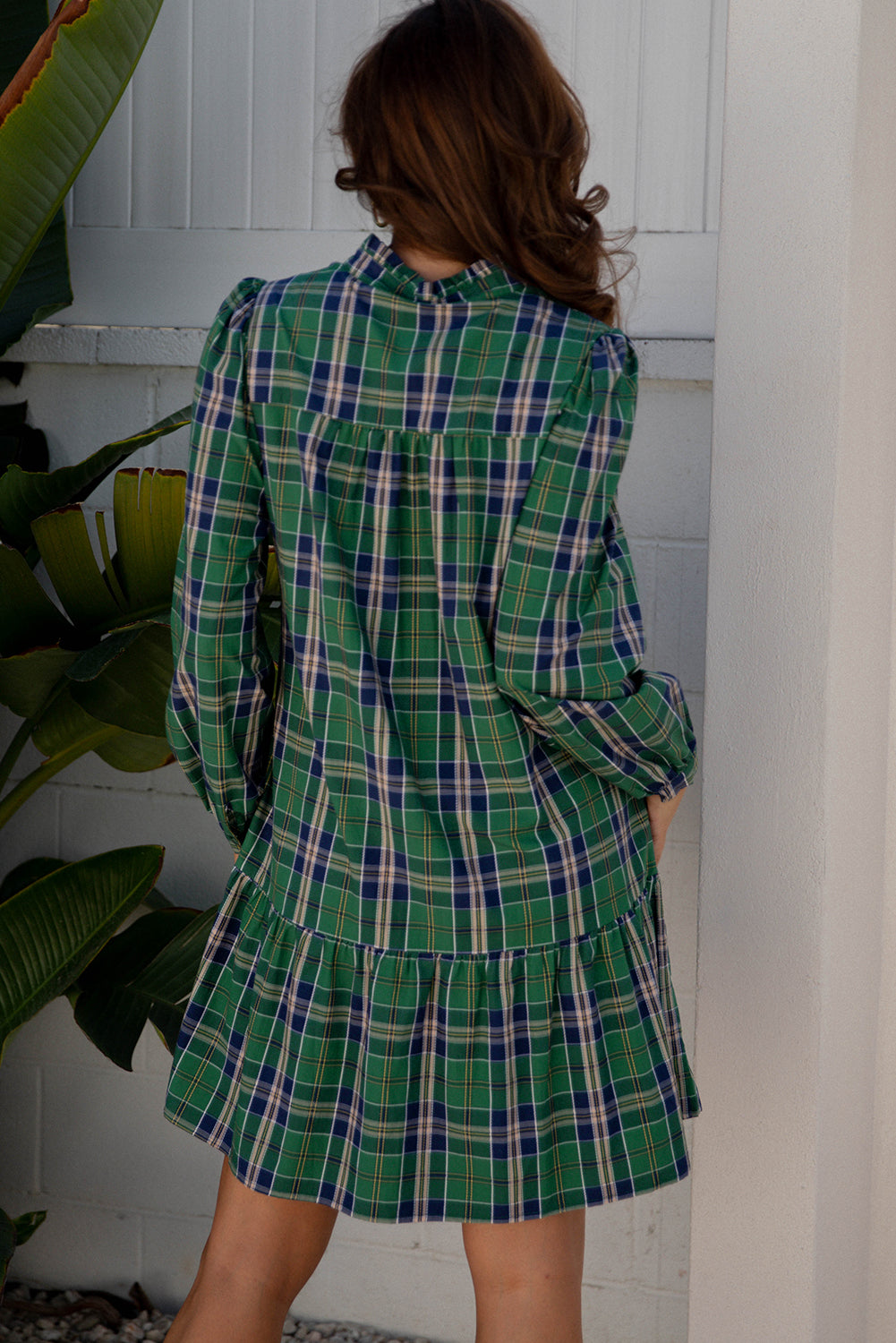 Print Frilly Plaid Frilly Collar Long-Sleeved Shift Mini Dress