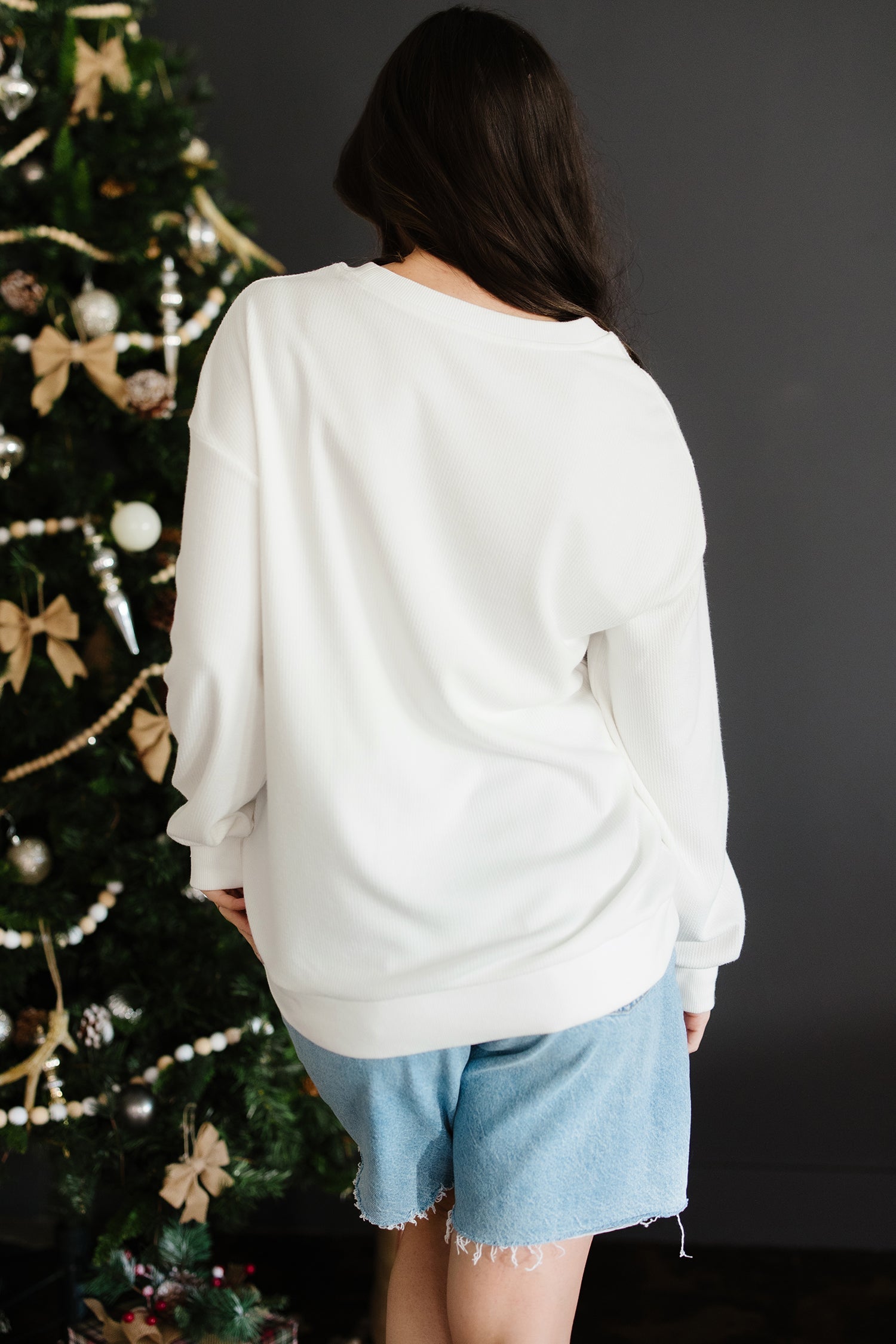 Merry Embroidery Tinsel Letter Rib-Knit Drop-Shoulder Sweatshirt