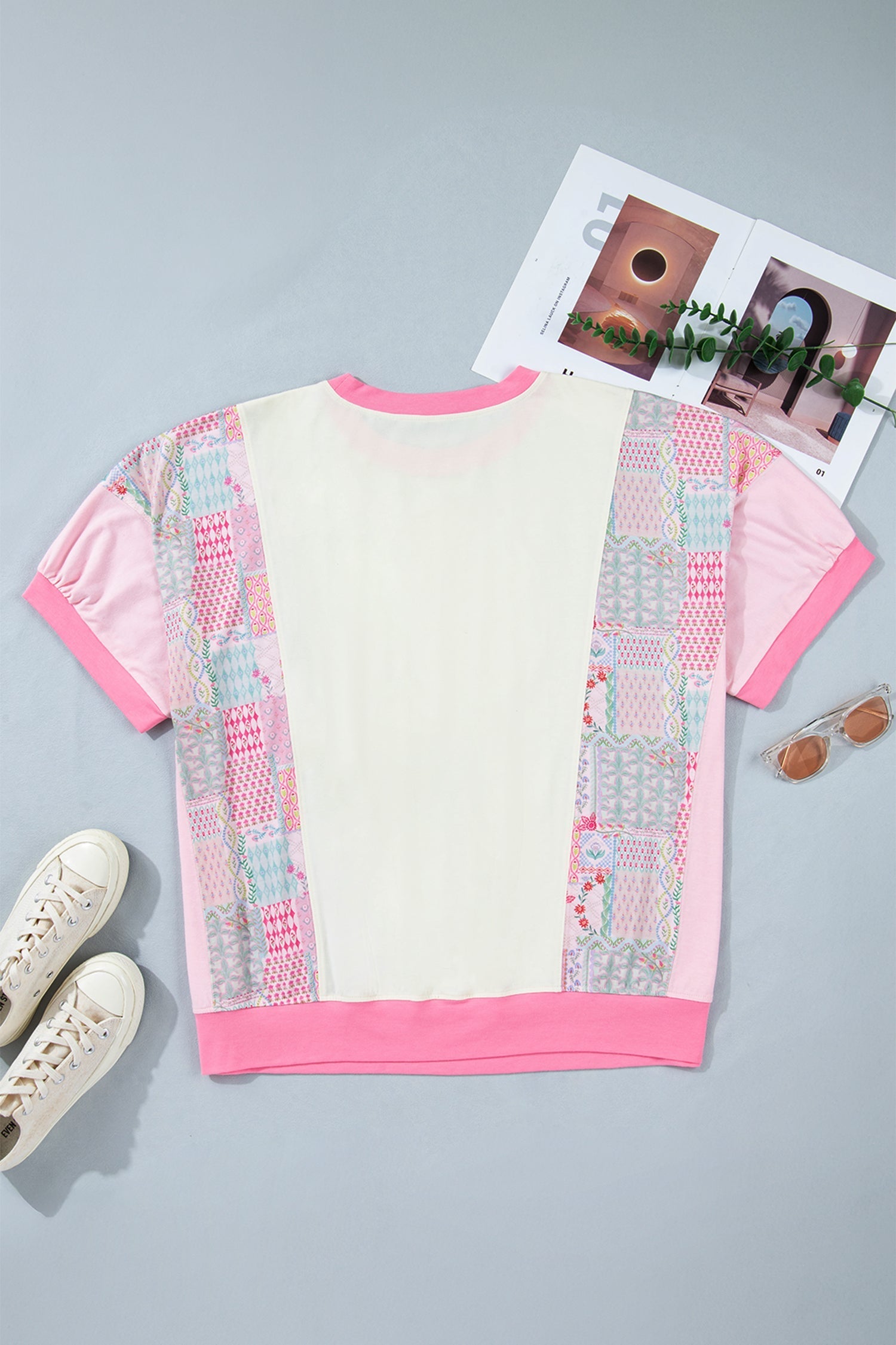 Plus Size Floral Patchwork Short-Sleeved Patch Embroidery Cotton T Shirt in Beige