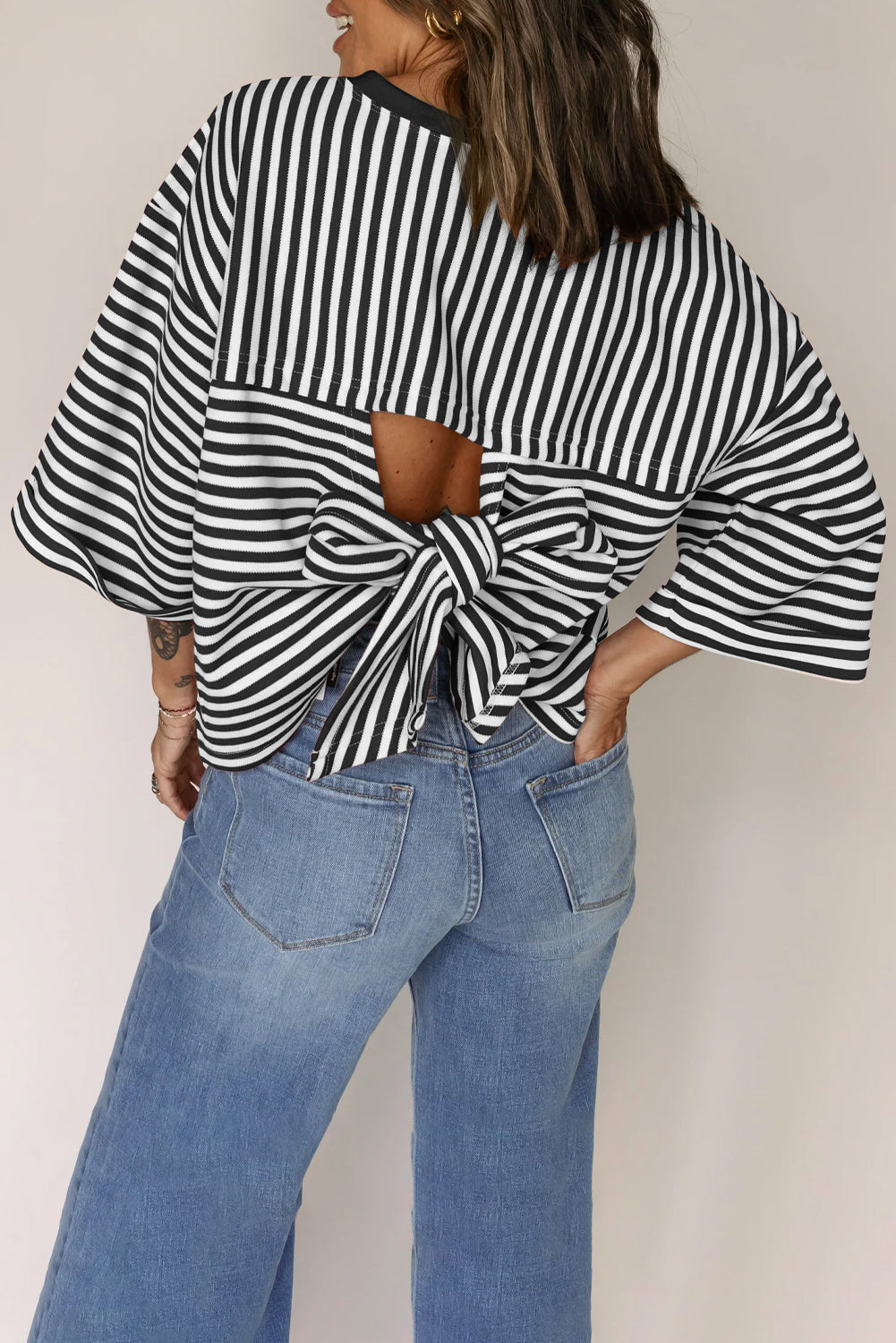 Cutout Back Bowknot Back Drop-Shoulder Wide Bracelet Sleeve Loose Tee
