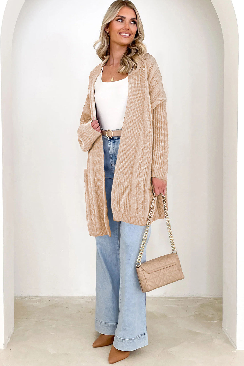 Cable Oversize Chunky Knit Open-Front Midi-length Cardigan