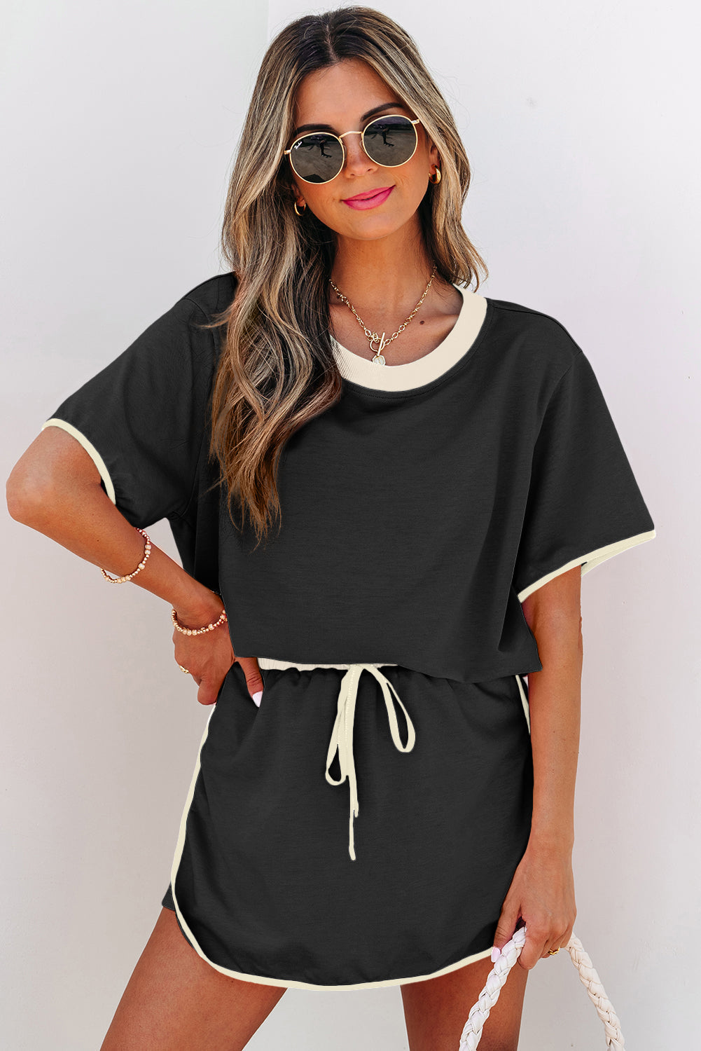 Colorblock Edge Drop-Shoulder T Shirt and Skort 2-Piece Outfit in Black