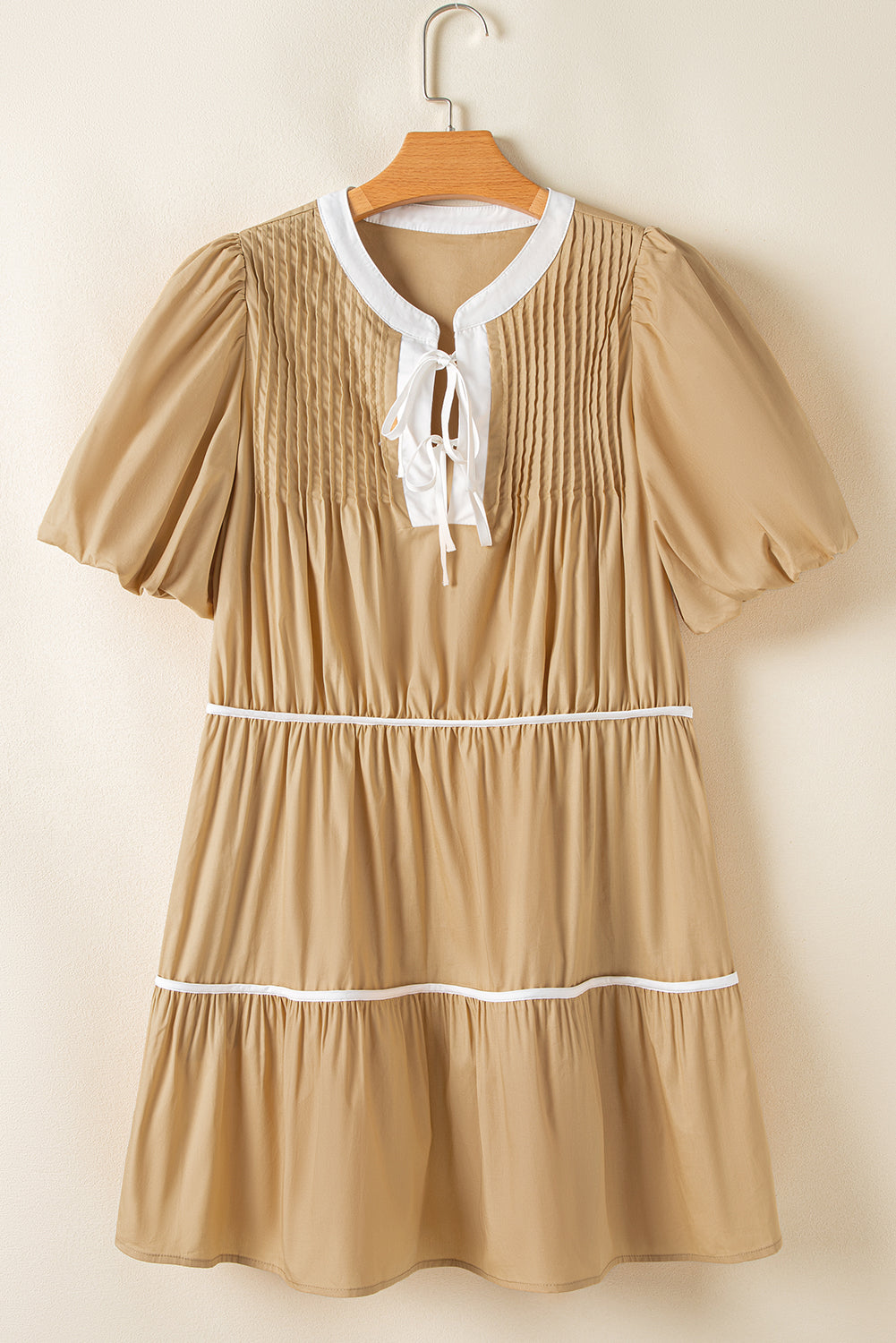 Contrast Trim Pintuck Tied Neck Short Dress