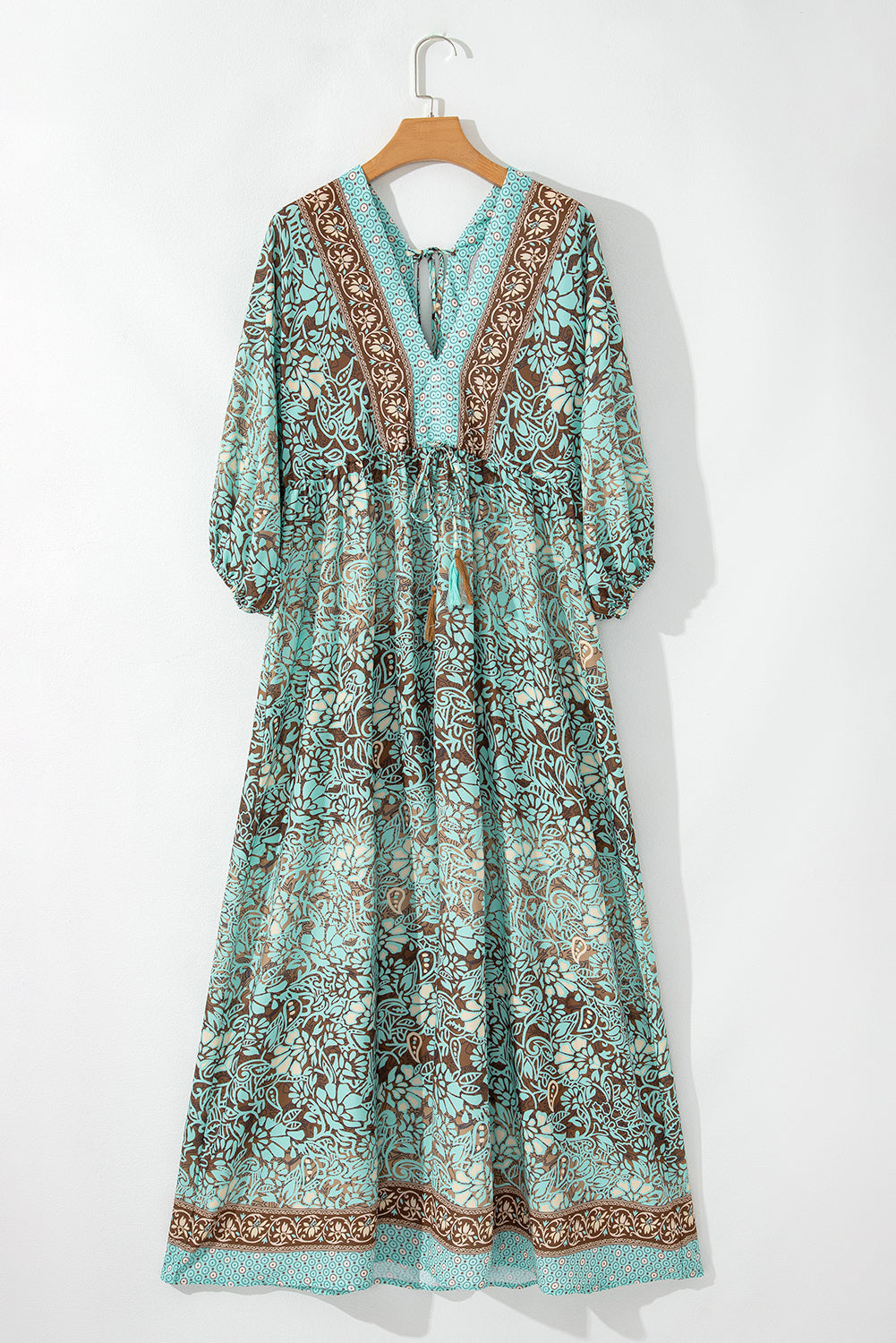 Green Boho Floral Print Lace-up Open Back Maxi Dress