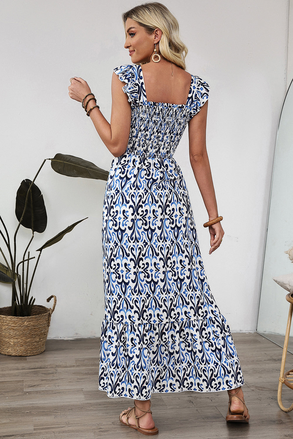 Smocked Boho Print High-Waisted Maxi Dress
