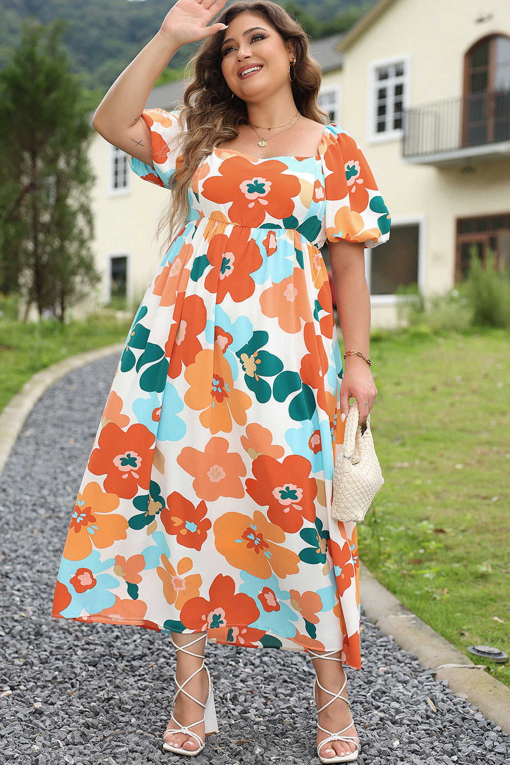 Robe Maxi Froncée à Fleurs de Grande Taille