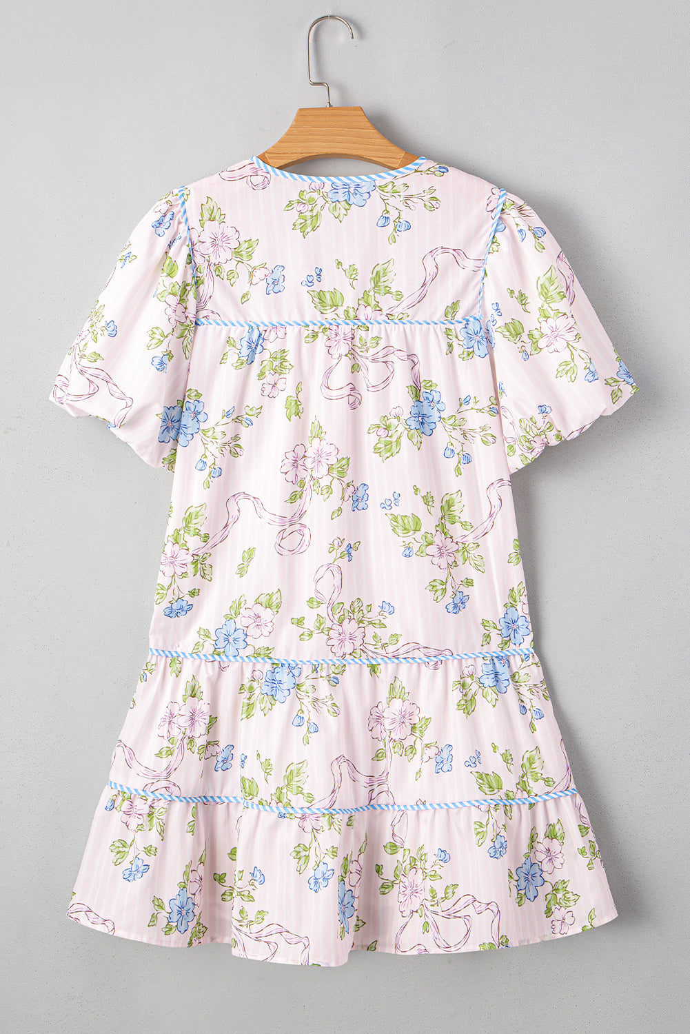 Striped Print Floral Print Contrast Trim Tie Split Neck Mini Dress