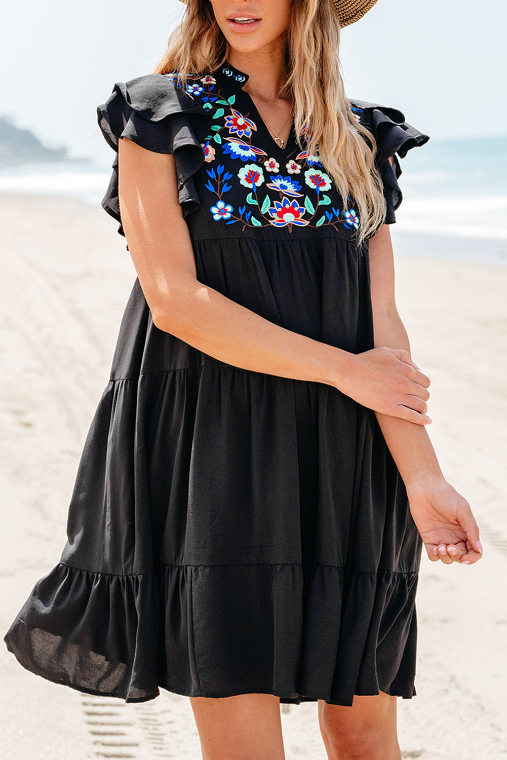 Women's Mini Dress Featuring Layered Ruffle-Trimmed Floral-Print