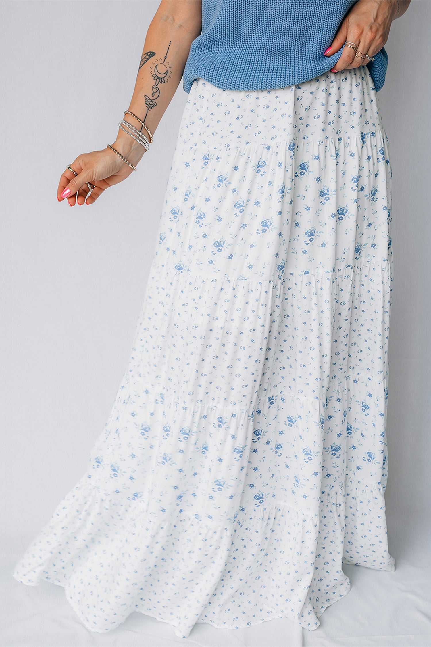 Blue Polished Sky High-Waisted Tiny Floral-Print Boho Maxi Skirt