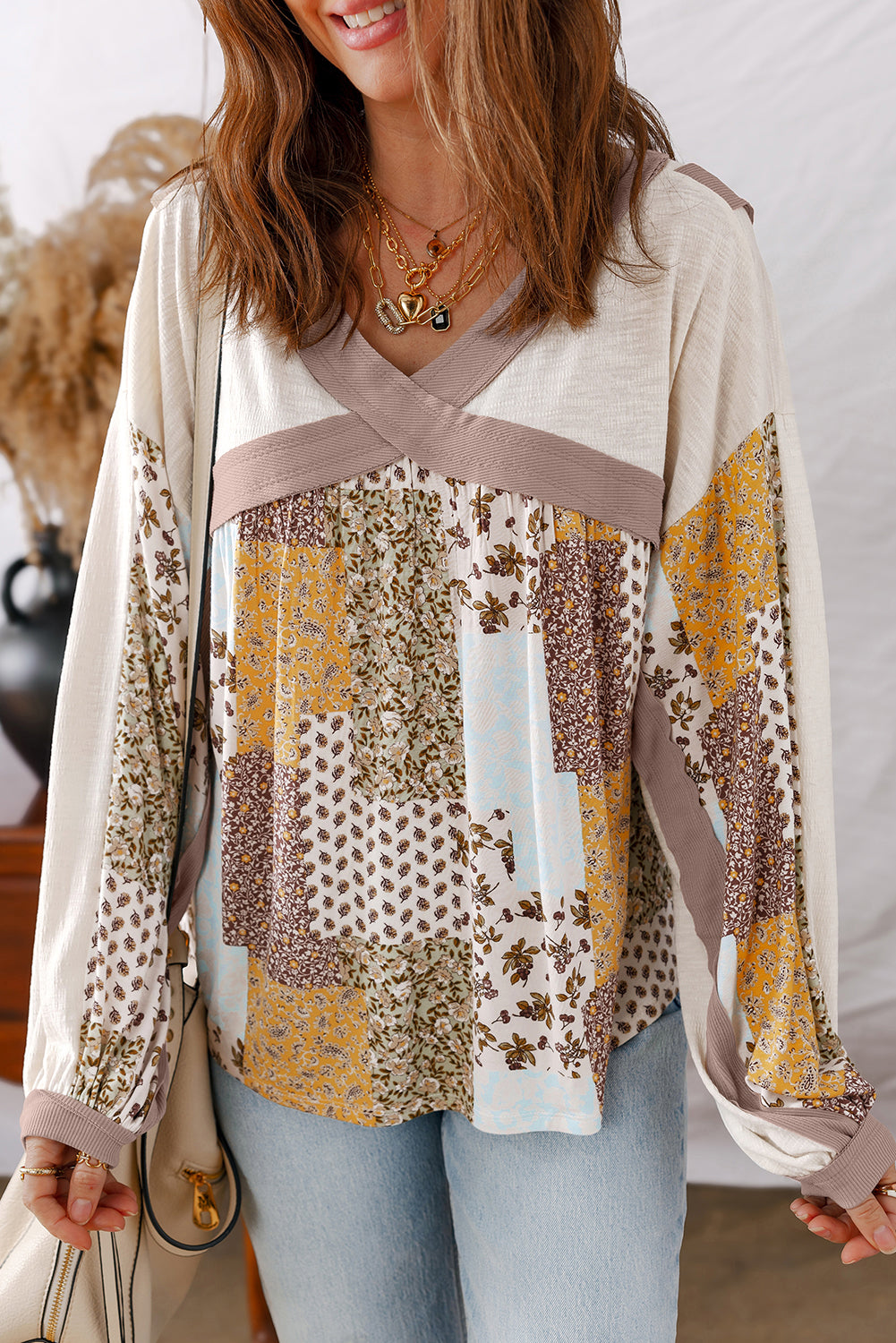 Printed Contrast Floral Contrast Patchwork Cotton Long-Sleeved Top