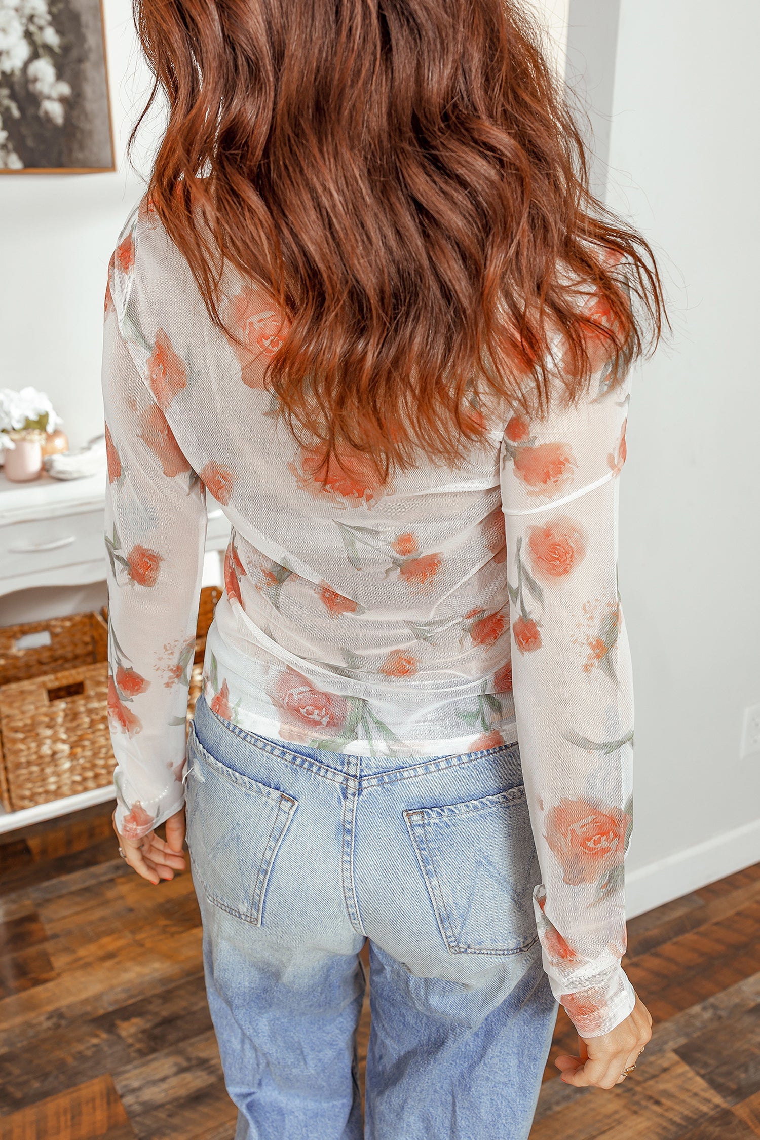 Everyday Floral-Print Mesh Long-Sleeved Top