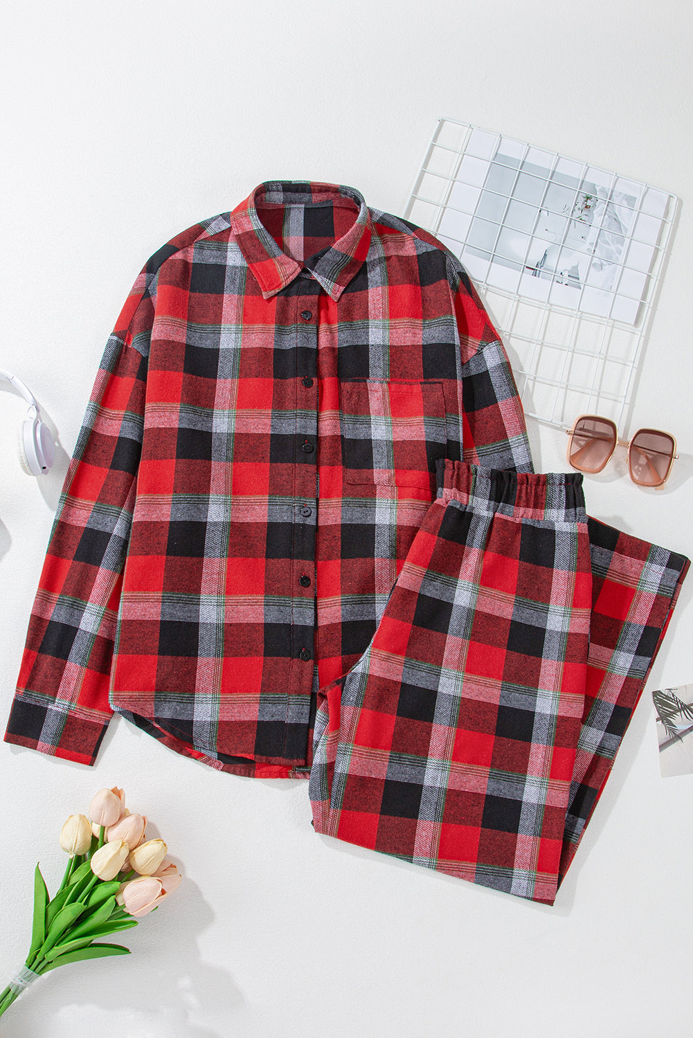 Checkered Pattern Christmas Pattern Loose Shirt and Pants Lounge Set