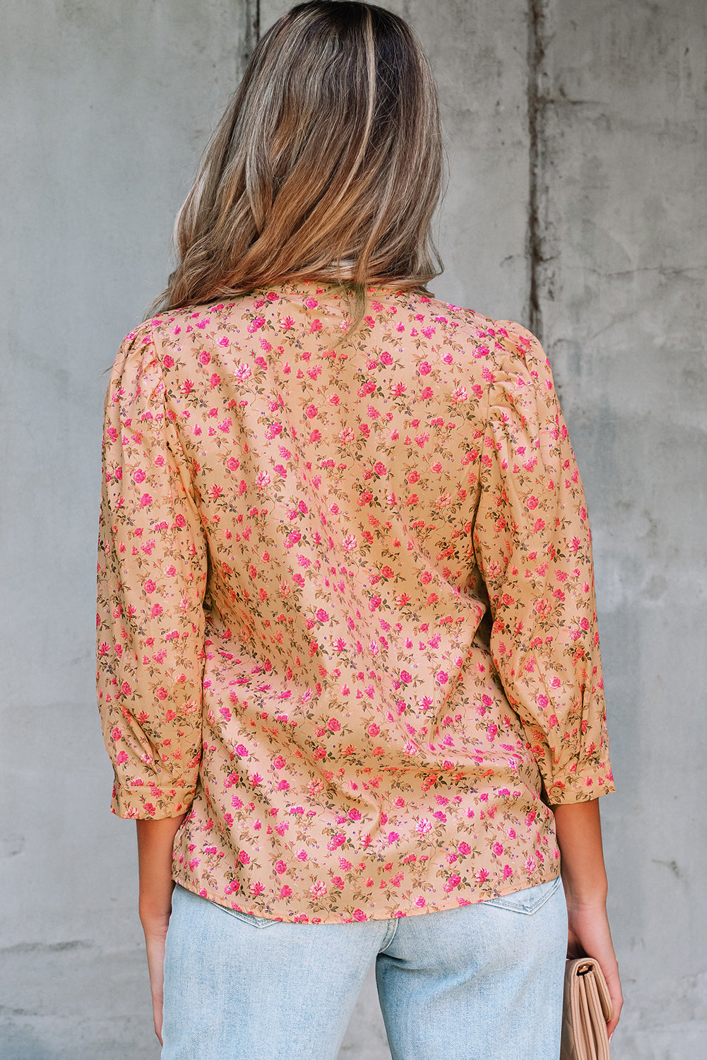 Floral-Print Bow Pintuck Bust Half Puff Sleeve Blouse Top