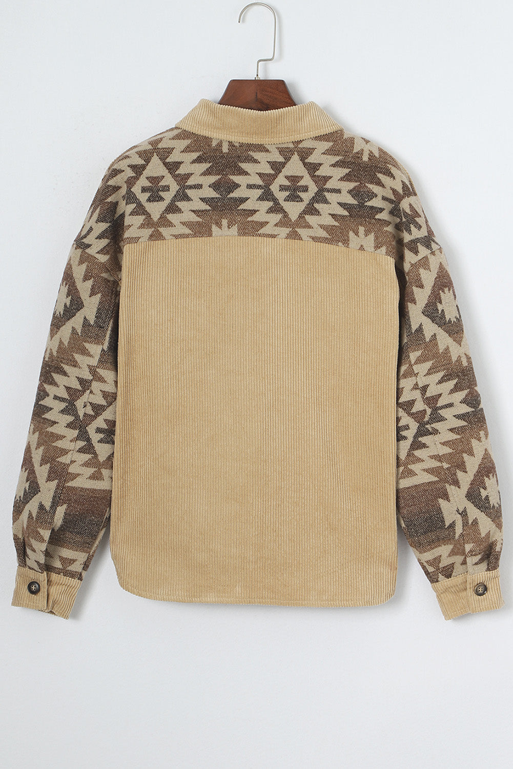 Women's Aztec-Pattern Patchwork Frayed Edge Khaki Cord Jacket