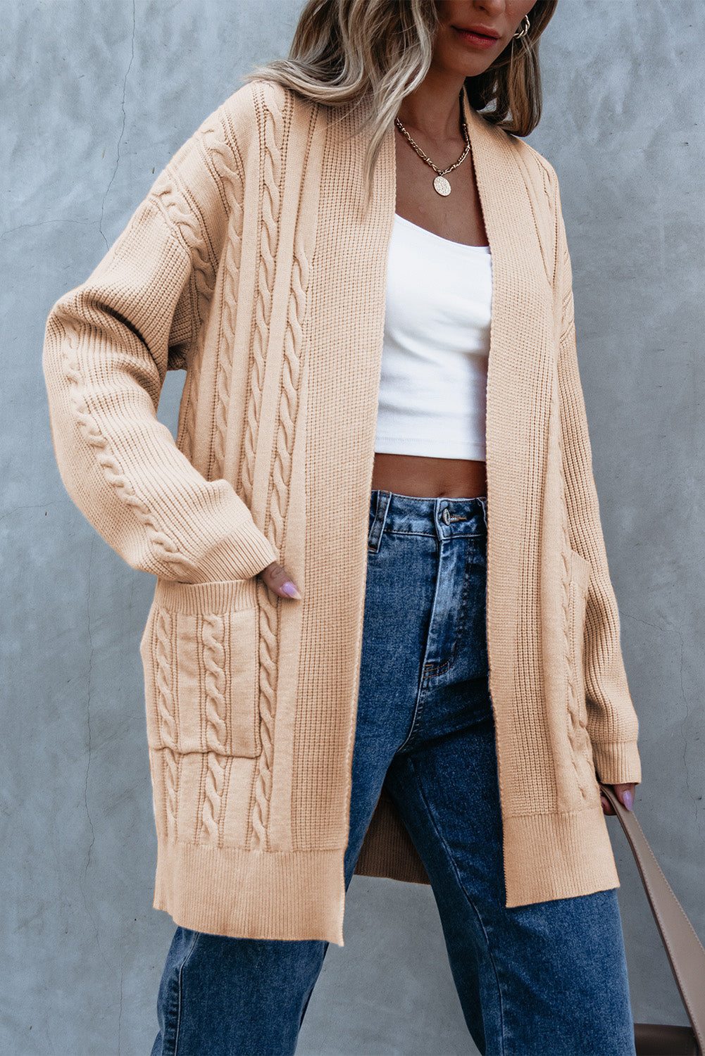 Cable Oversize Chunky Knit Open-Front Midi-length Cardigan