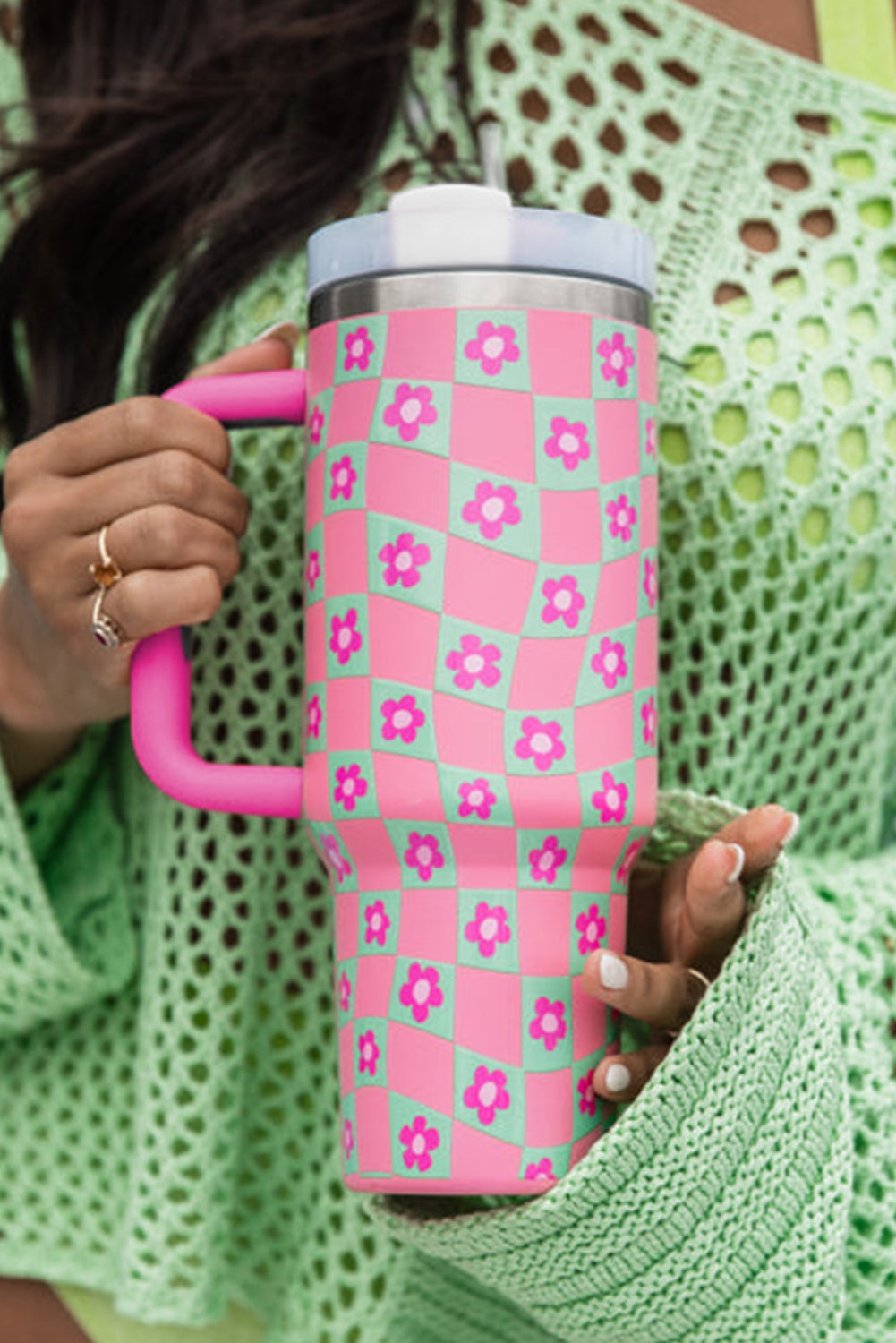 Flower Checkered Pattern Cup with Straw 40oz