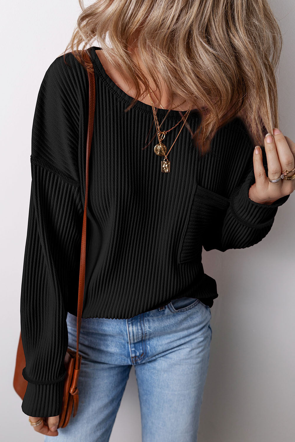 Solid Color Corded Drop Shoulder Long Sleeve Top