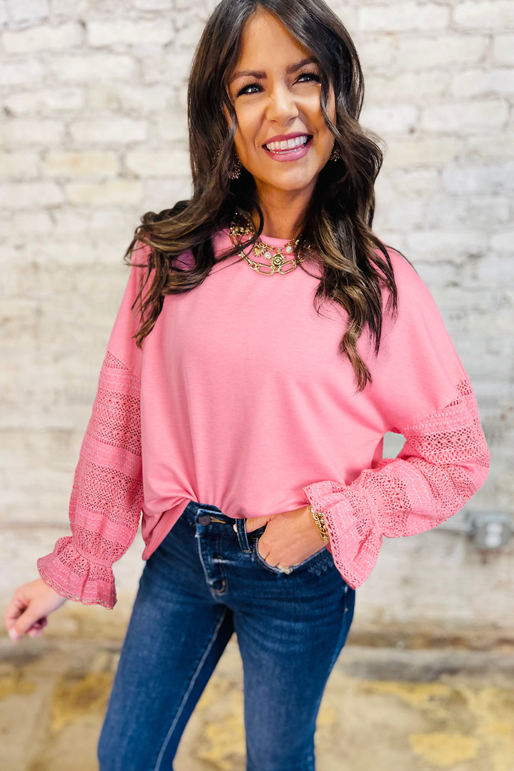Drop-Shoulder Sleeve Lace Ruffled Patchwork Loose Sweatshirt