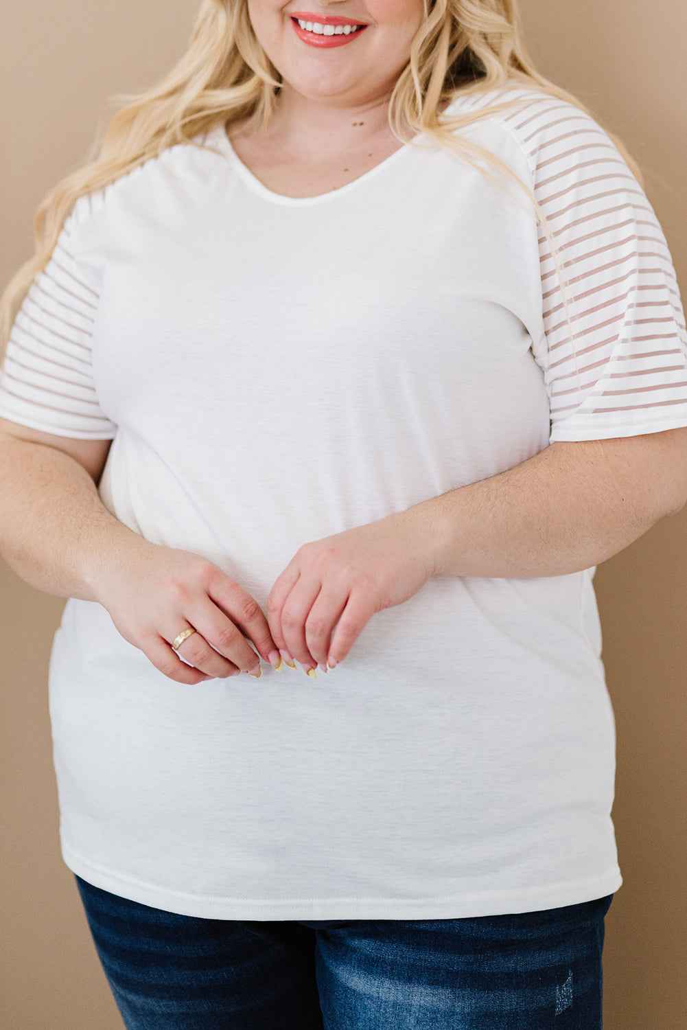 Striped Everyday White Raglan Sleeve Plus Size Tee