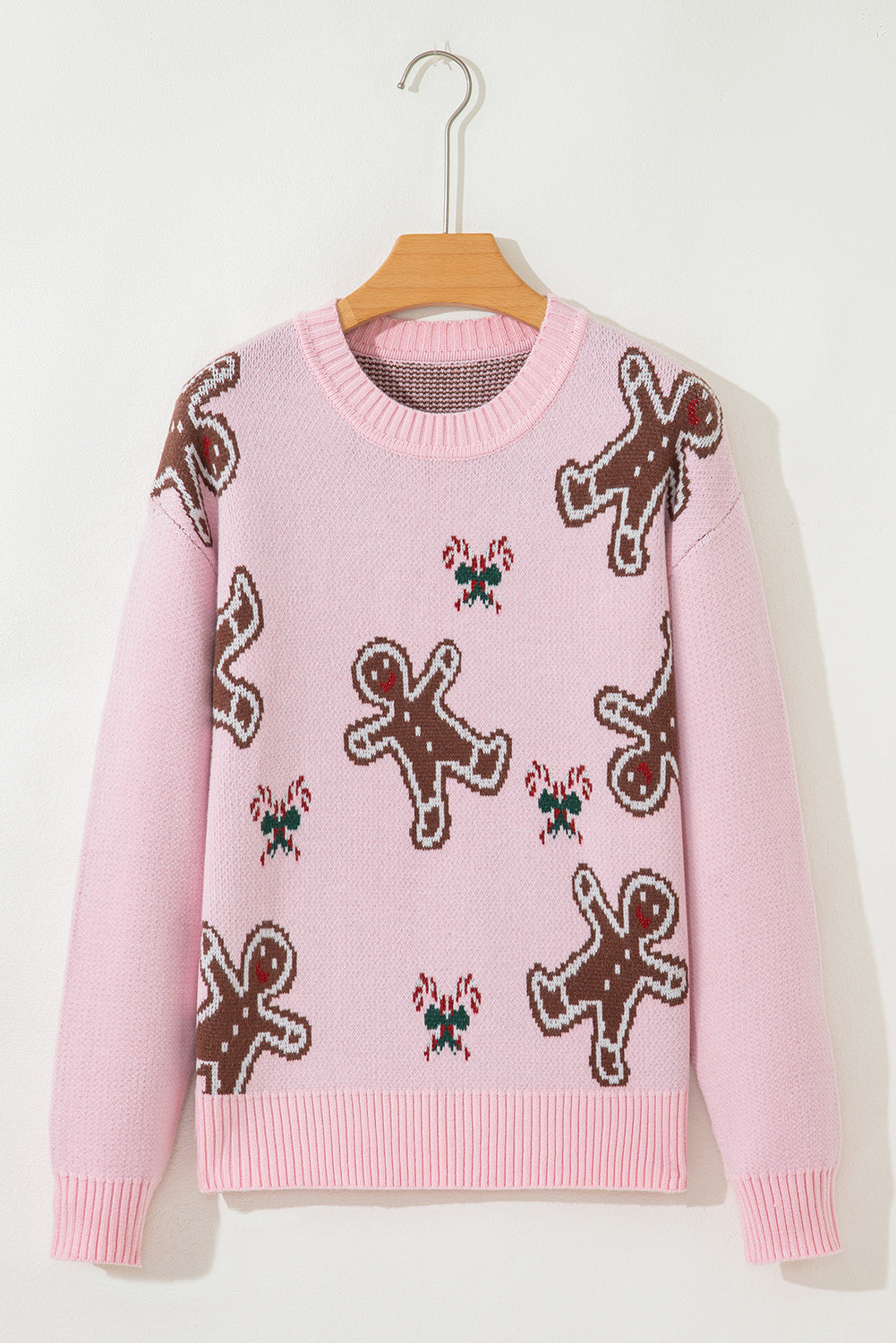 Christmas Ginger Bread Man Print Round-Neck Everyday Knit Top
