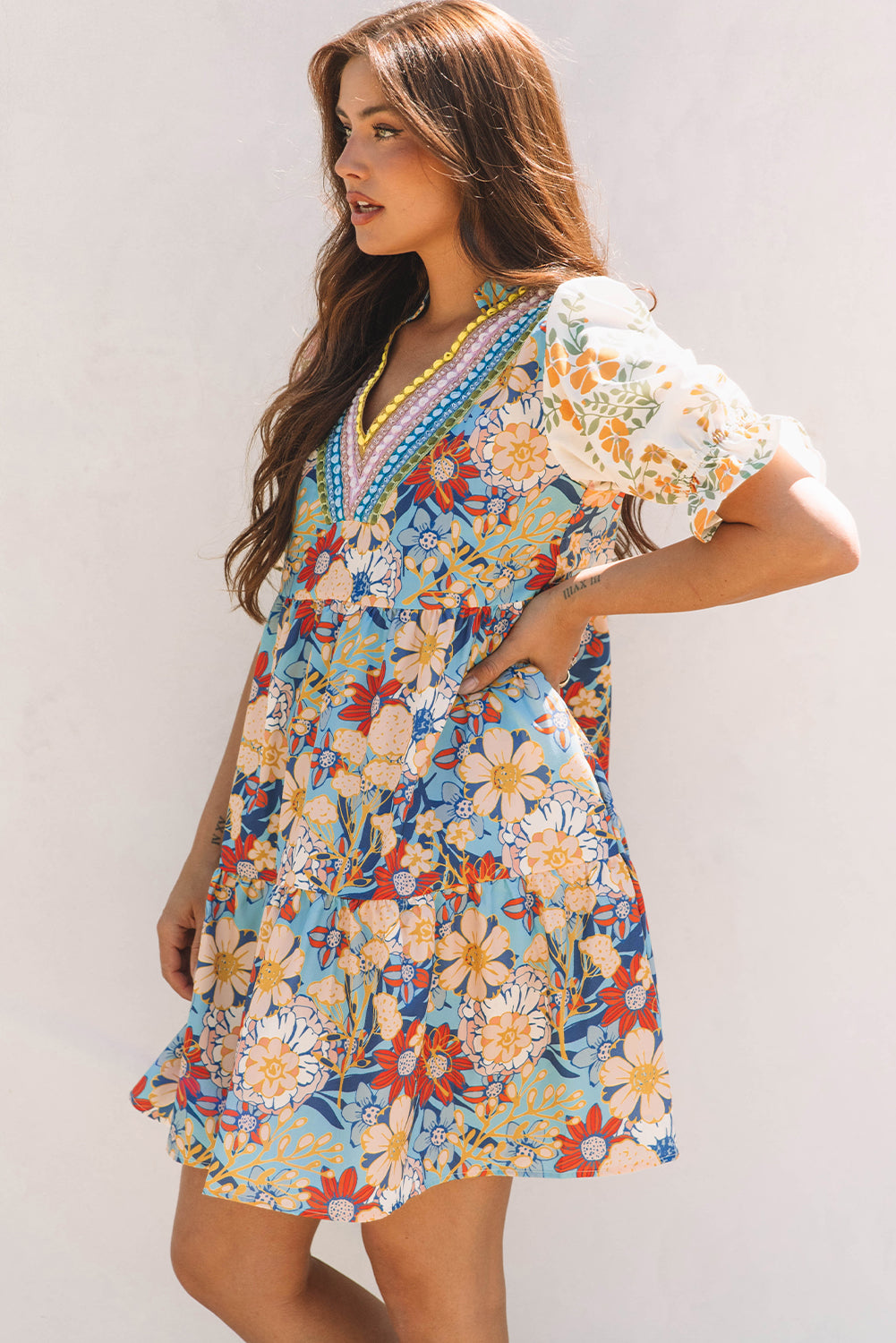 Boho Floral Print Crochet Patchwork V Neck Loose Mini Dress