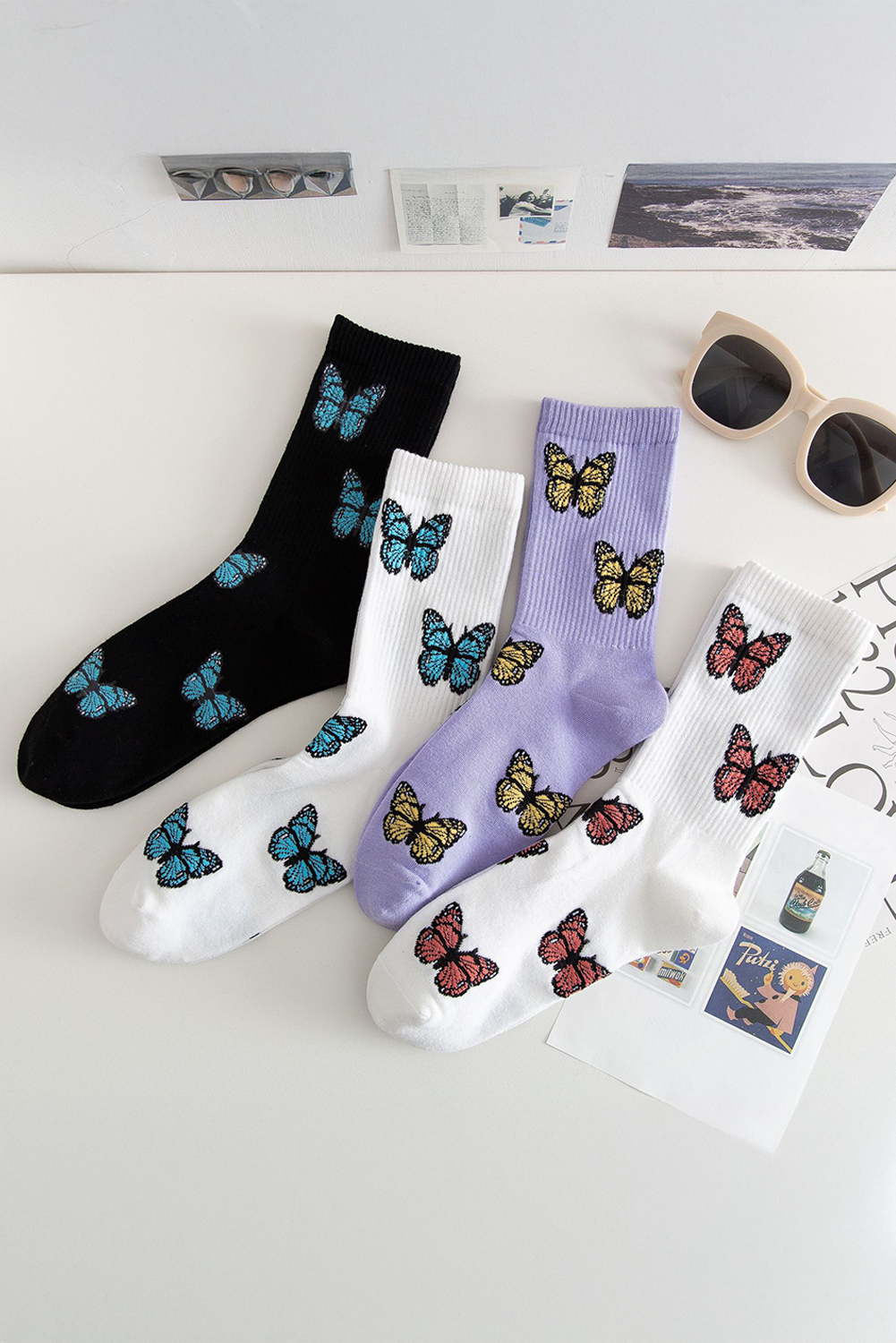 Pattern Rib-Knit Butterfly Rib-Knit Edge Soft Crew Socks