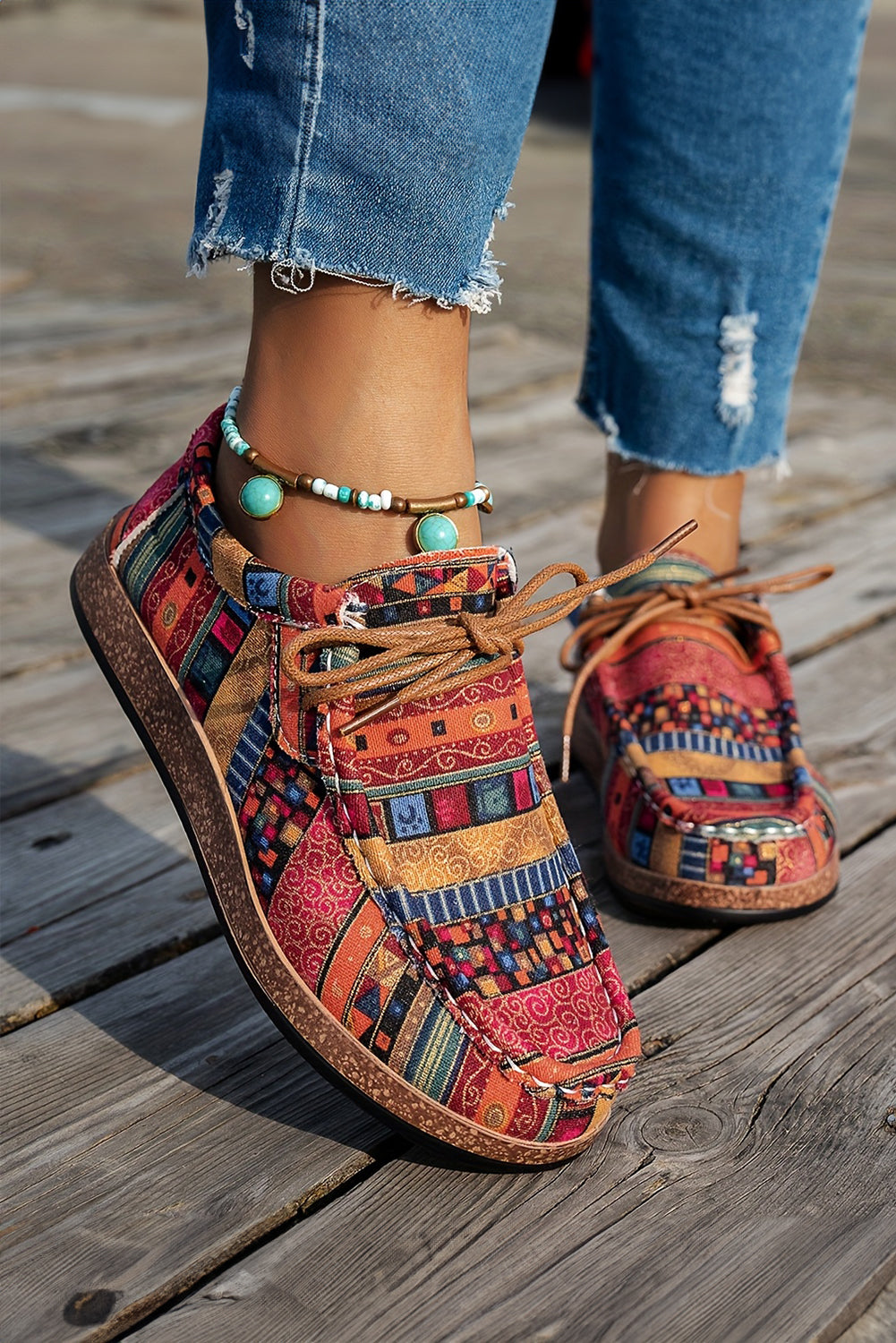 Print Faux Western Faux Suede Lace-up Decor Slip On Shoes