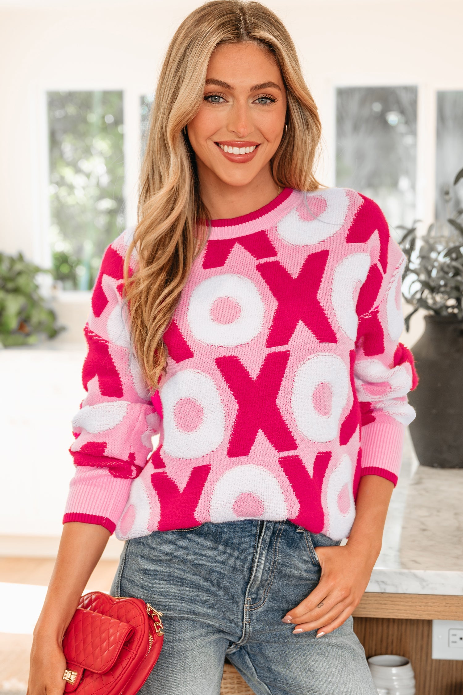 Pattern Drop-Shoulder XOXO Drop-Shoulder Crewneck Valentines Knit Top